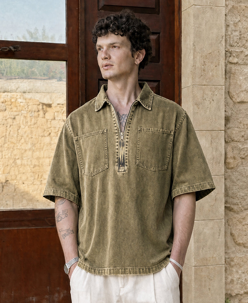 Sage Green Zipper Denim Shirt
