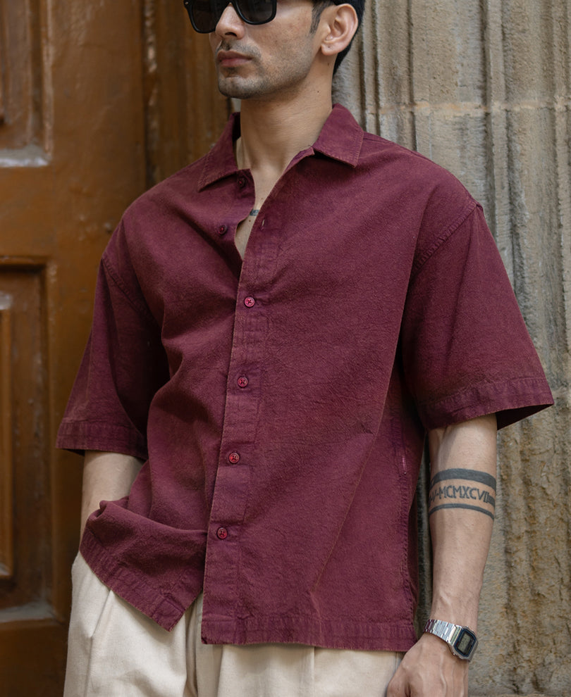 Burgundy Washed Structure Boxy Shirt.