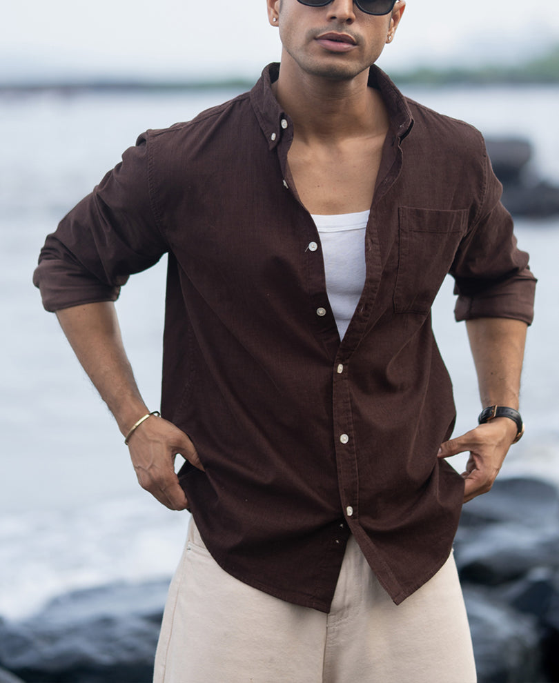 Coffee Corduroy Button Down Shirt.