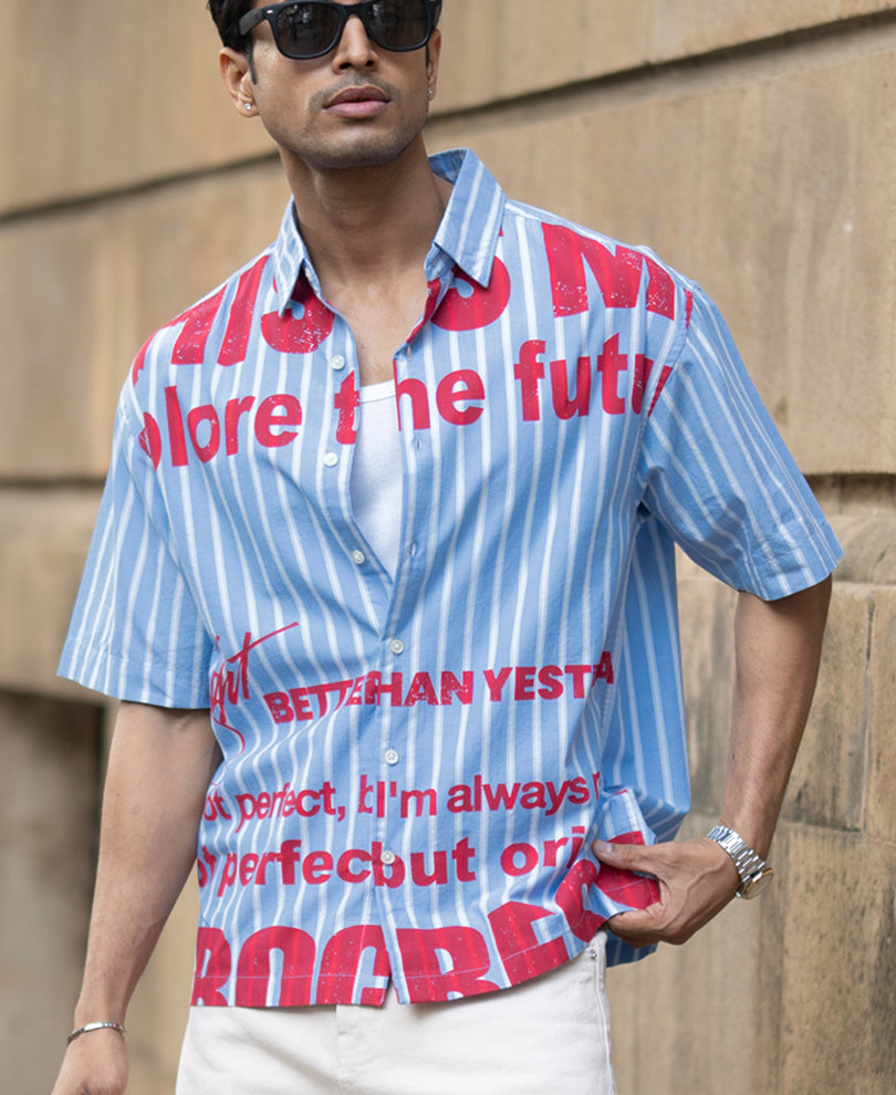 Blue Slogan Print Stripe Shirt.
