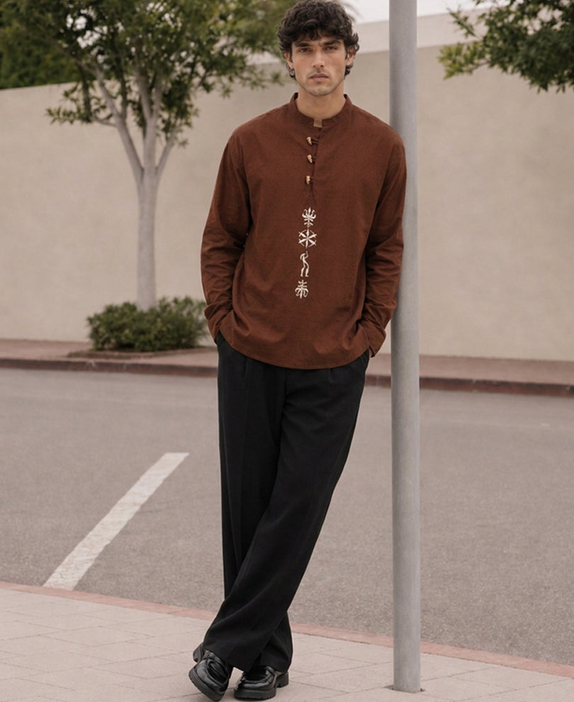 Brown Linen Blend Embroidered Kurta Shirt