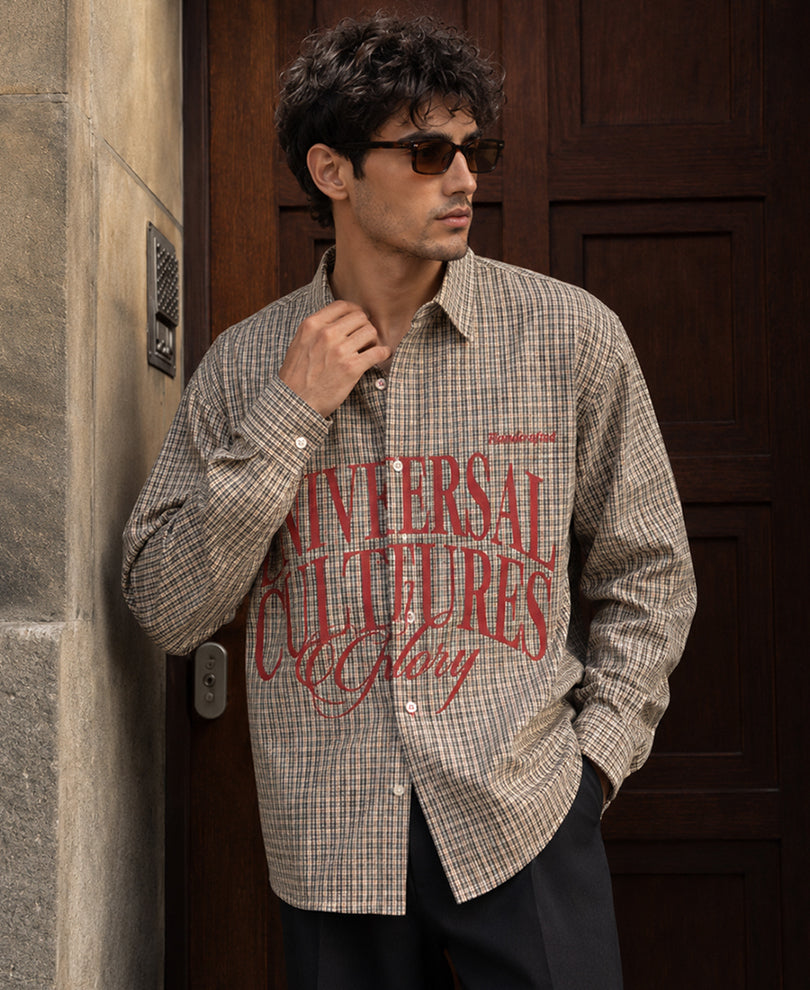 Beige Checks Printed Shirt 100% Cotton
