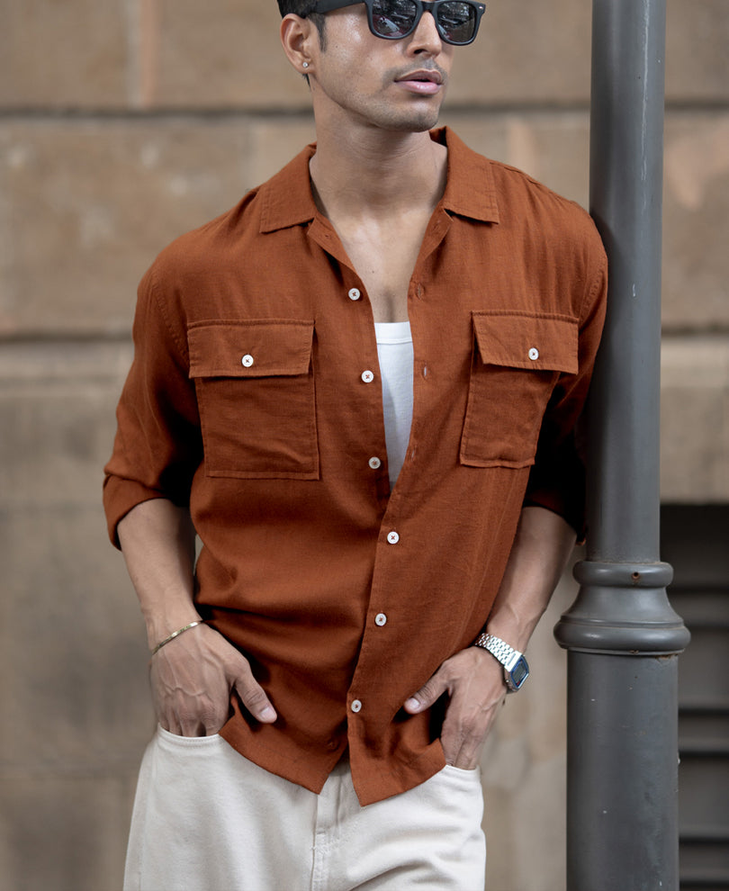 Tan Linen Double Pocket Shirt.