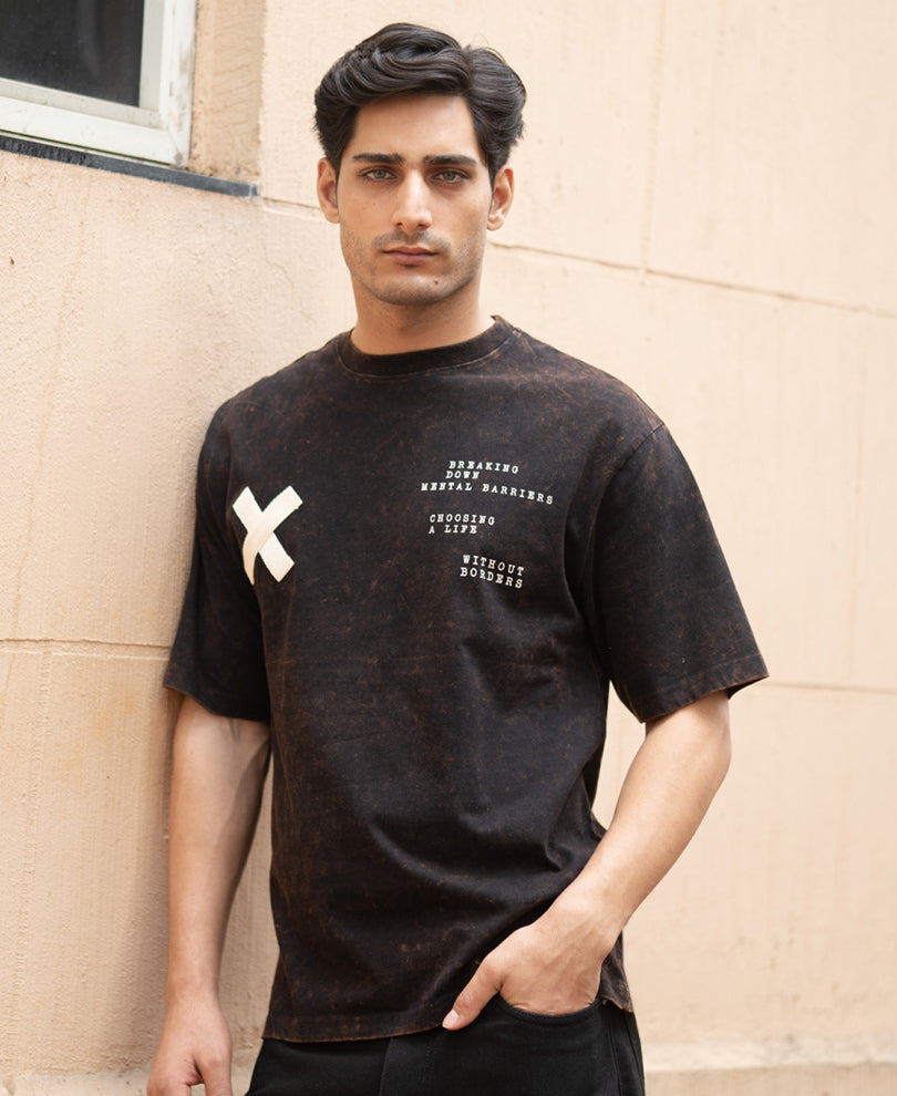 Dark Brown Washed Printed Oversized T-Shirt.