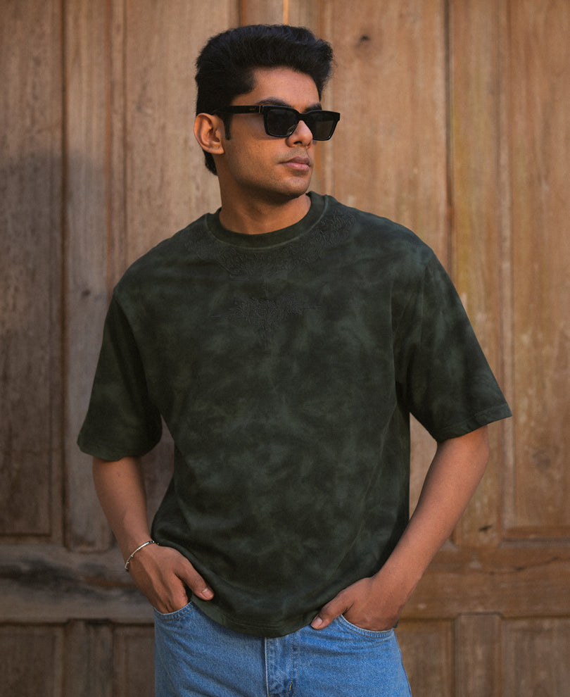 Dark Olive Washed Embroidered T-Shirt 100% Cotton