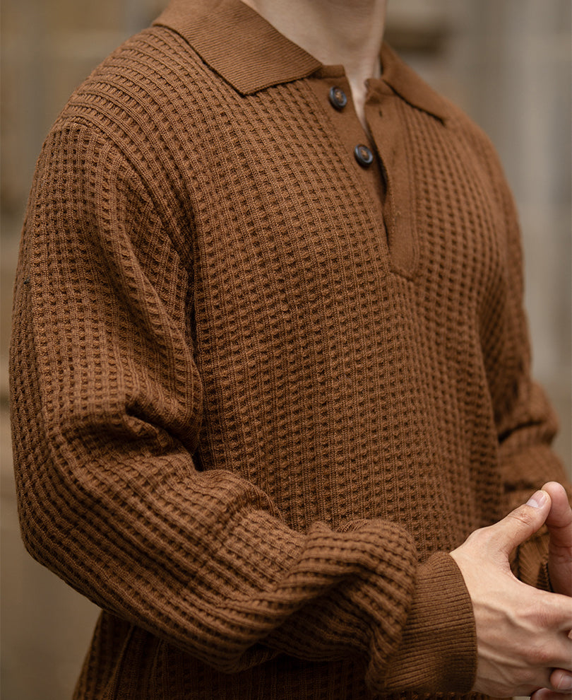 Tan Brown Structured Polo Sweater