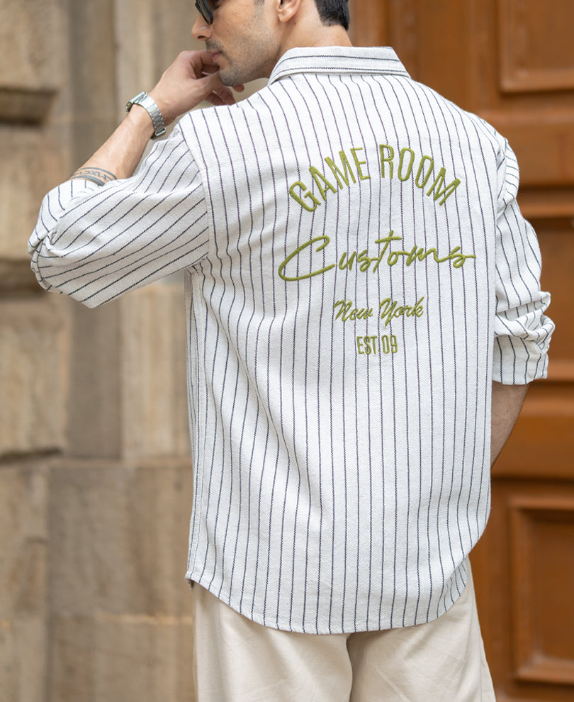 Beige Embroidered Stripe Shirt.