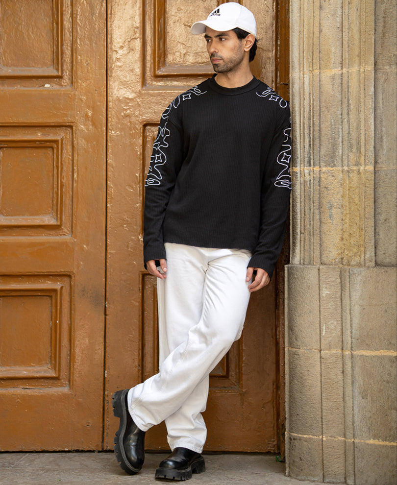 Black Embroidered Structured T-Shirt