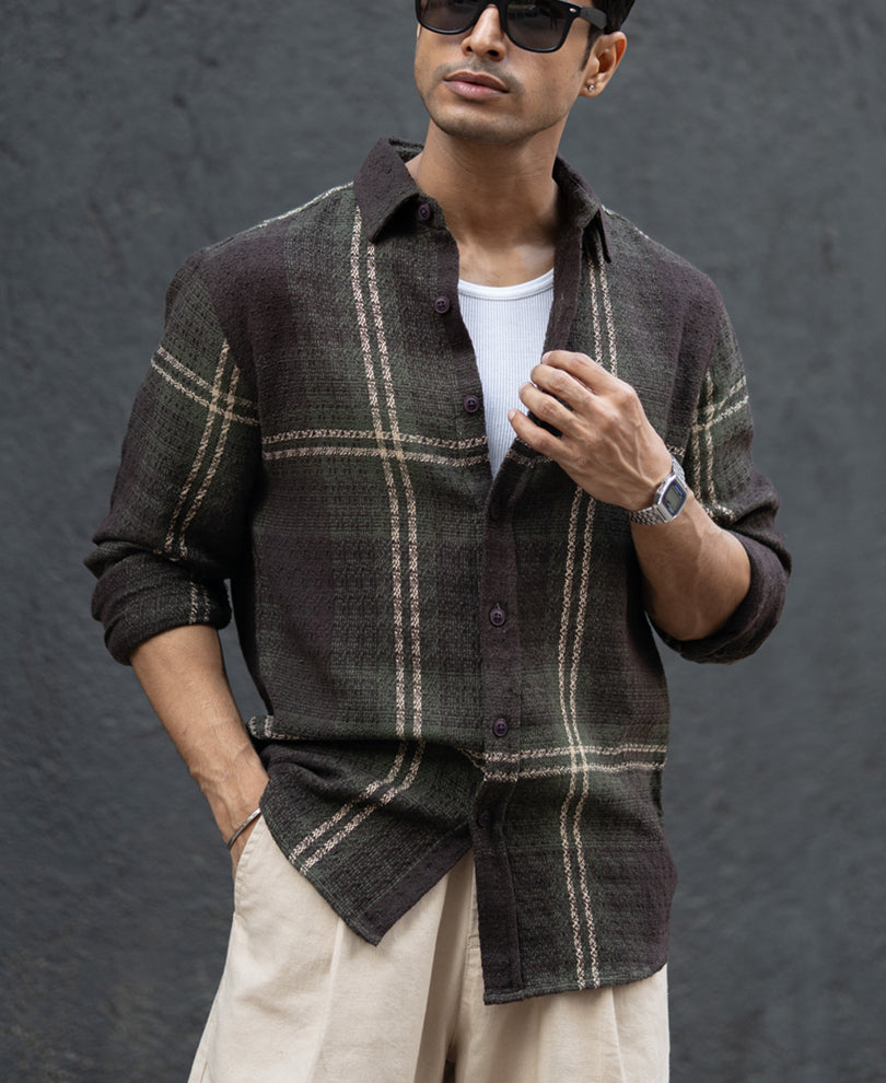 Dark Olive Structured Checks Shirt.