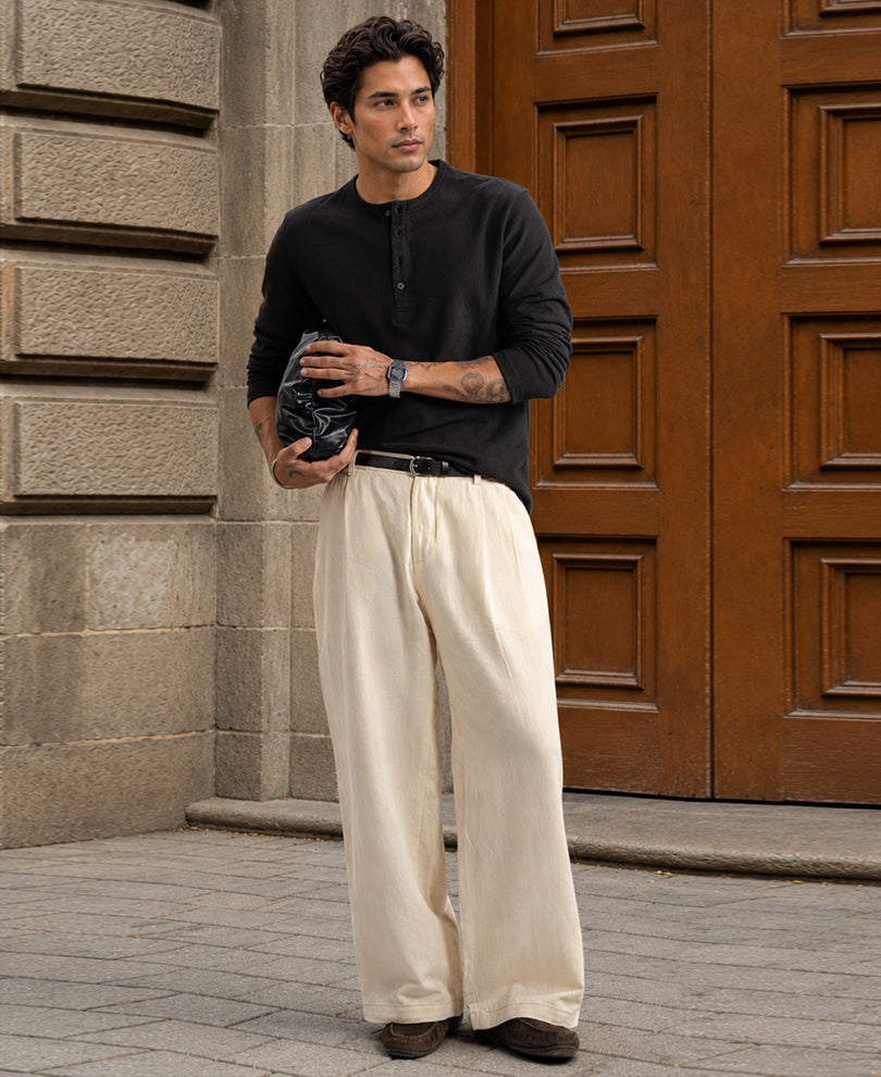 Black Henley Neck Knit T-Shirt
