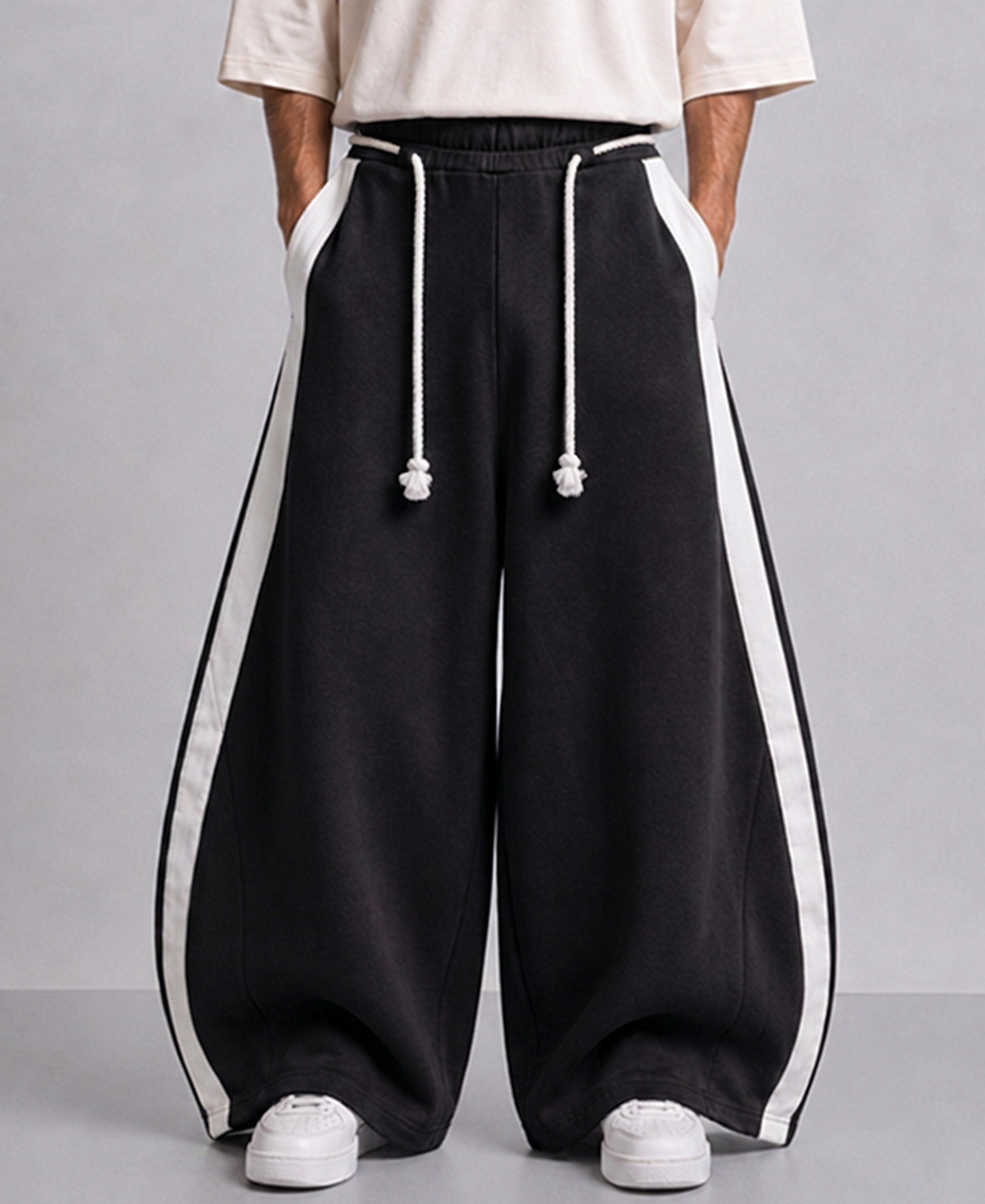 Black Panelled Barrel Fit Trackpant