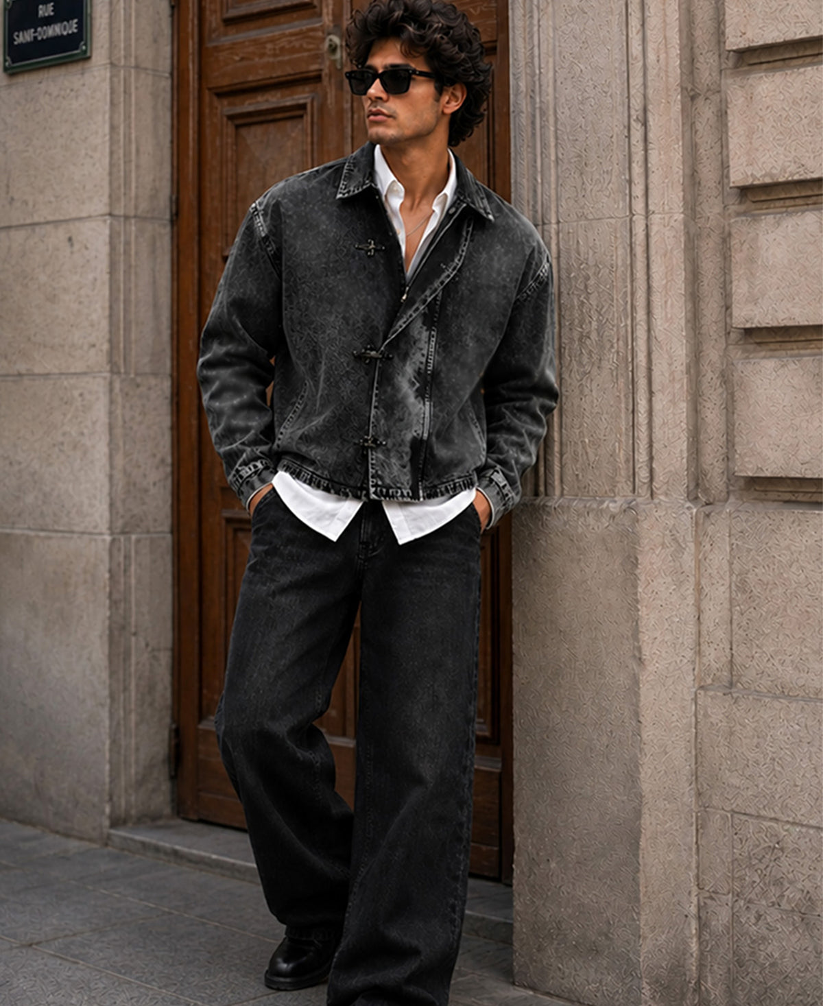 Black Denim Jacket With Fireman Clasps