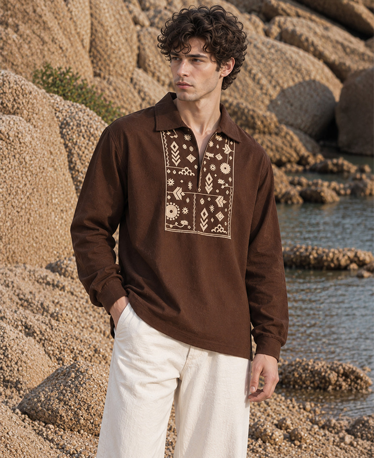Brown Embroidered Linen Kurta Shirt