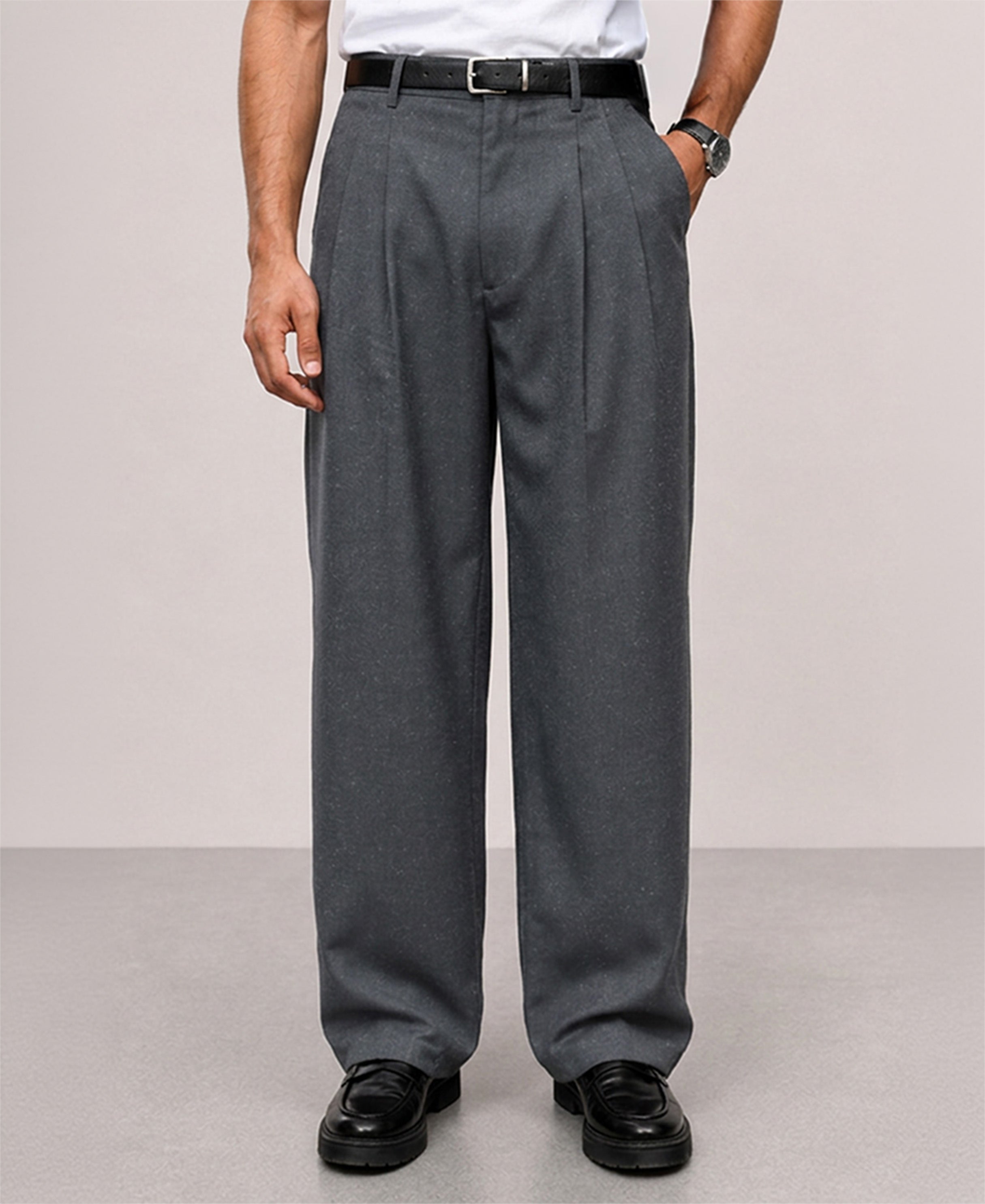 Grey Pleated Baggy Trousers