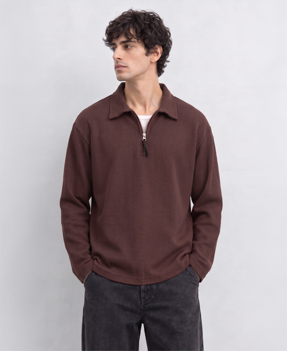 Coffee Brown Structured Zipper T-Shirt