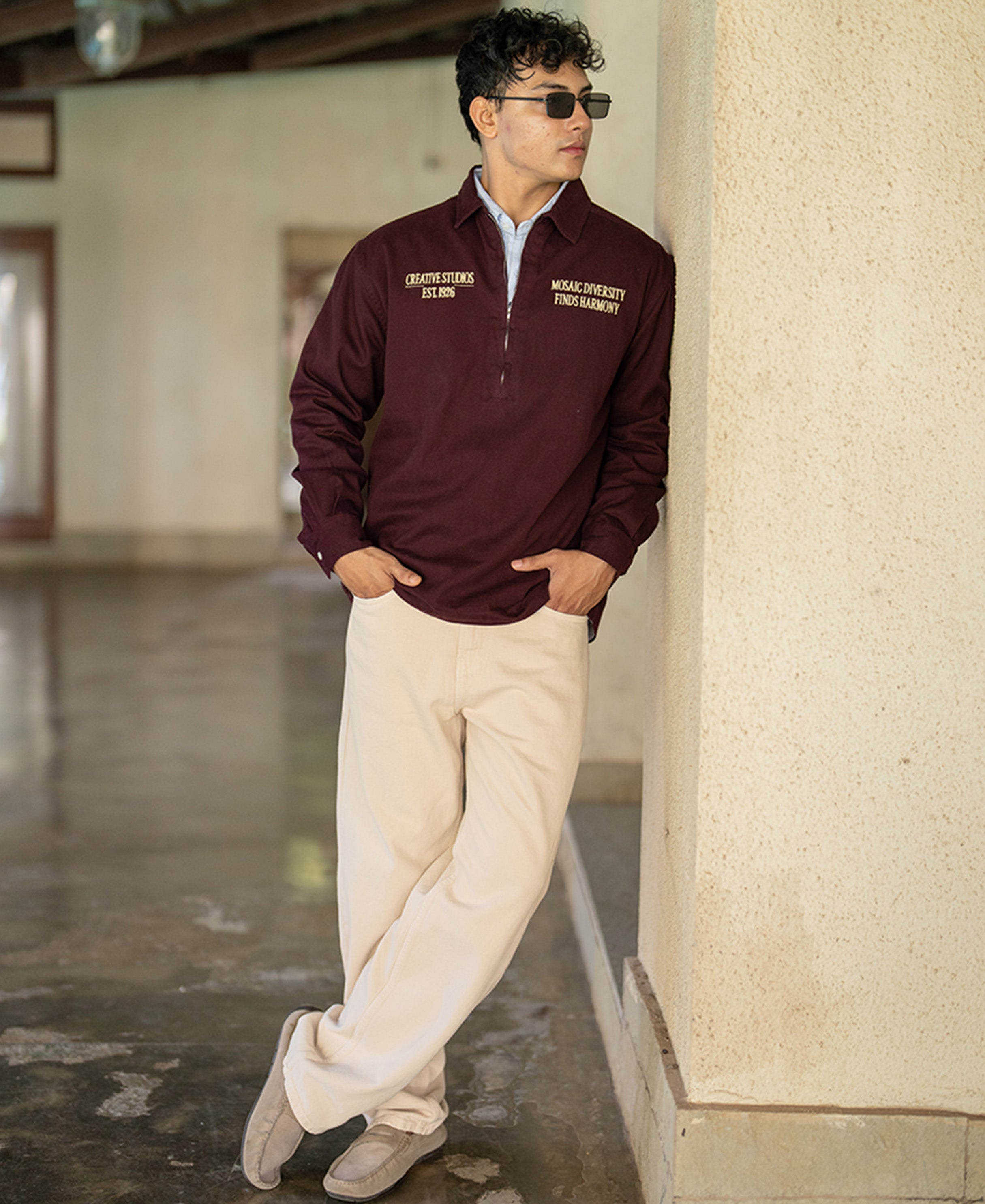 Wine Embroidered Zipper Shirt 100% Cotton