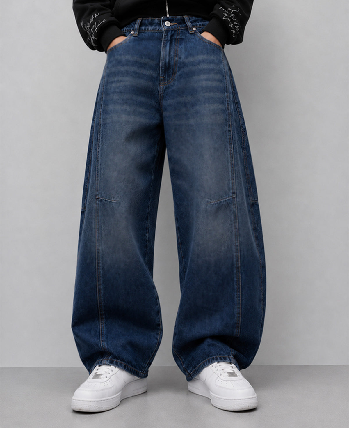 Blue Panelled Barrel Fit Jeans