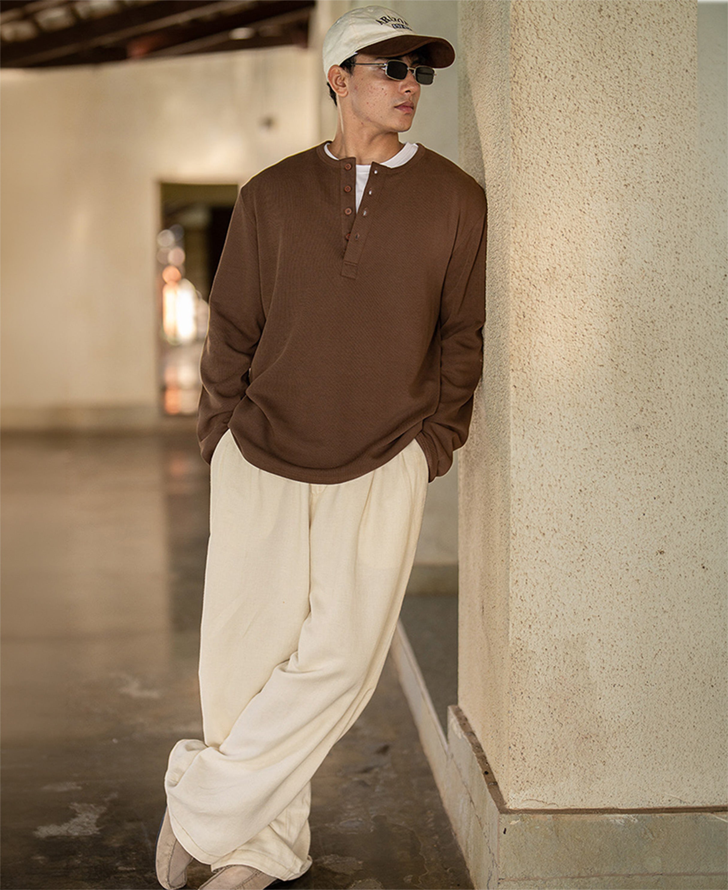 Brown Rib Knit Henley T-Shirt