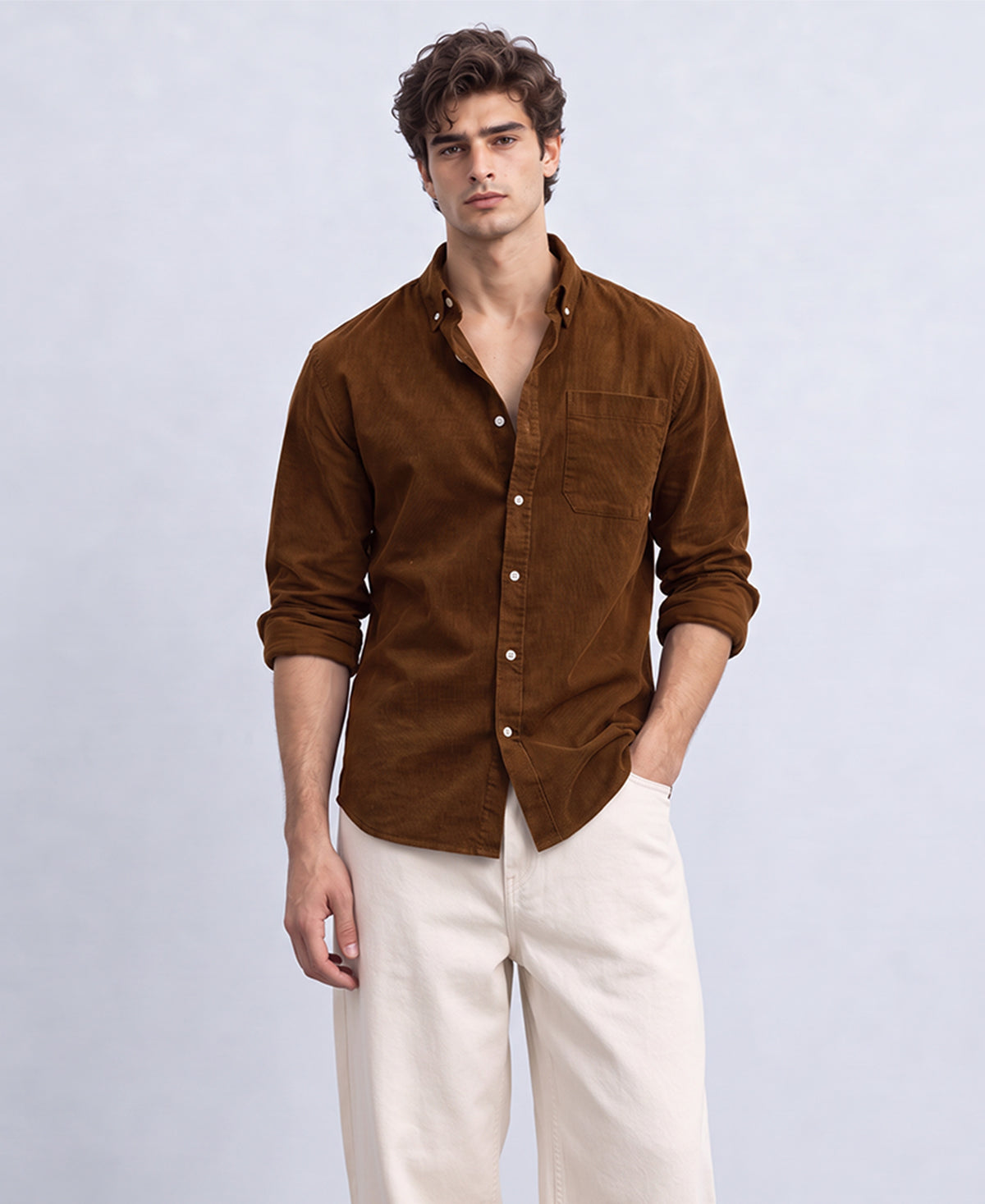 Tan Brown Corduroy Buttondown Shirt 100% Cotton