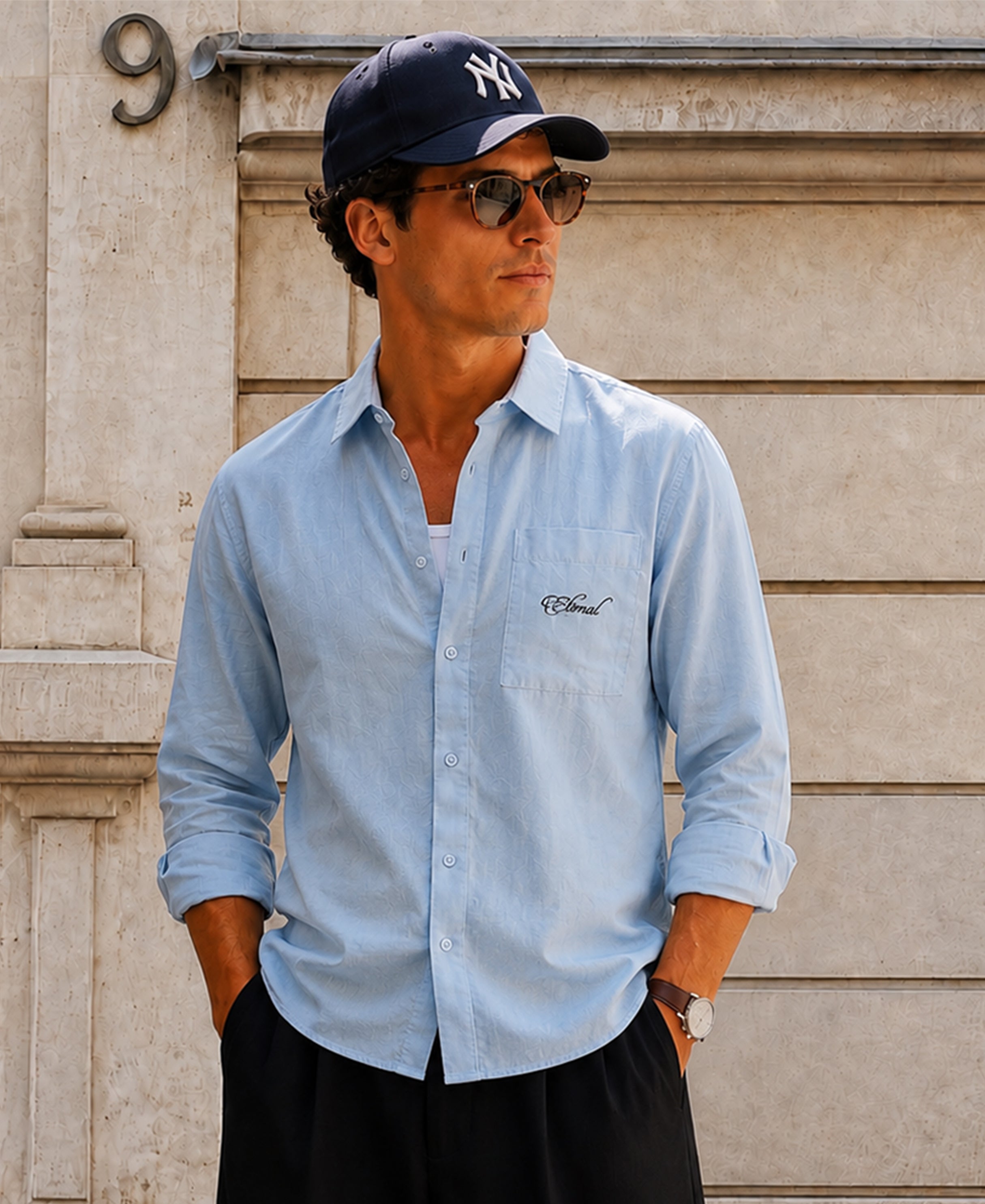 Blue Linen Blend Embroidered Shirt
