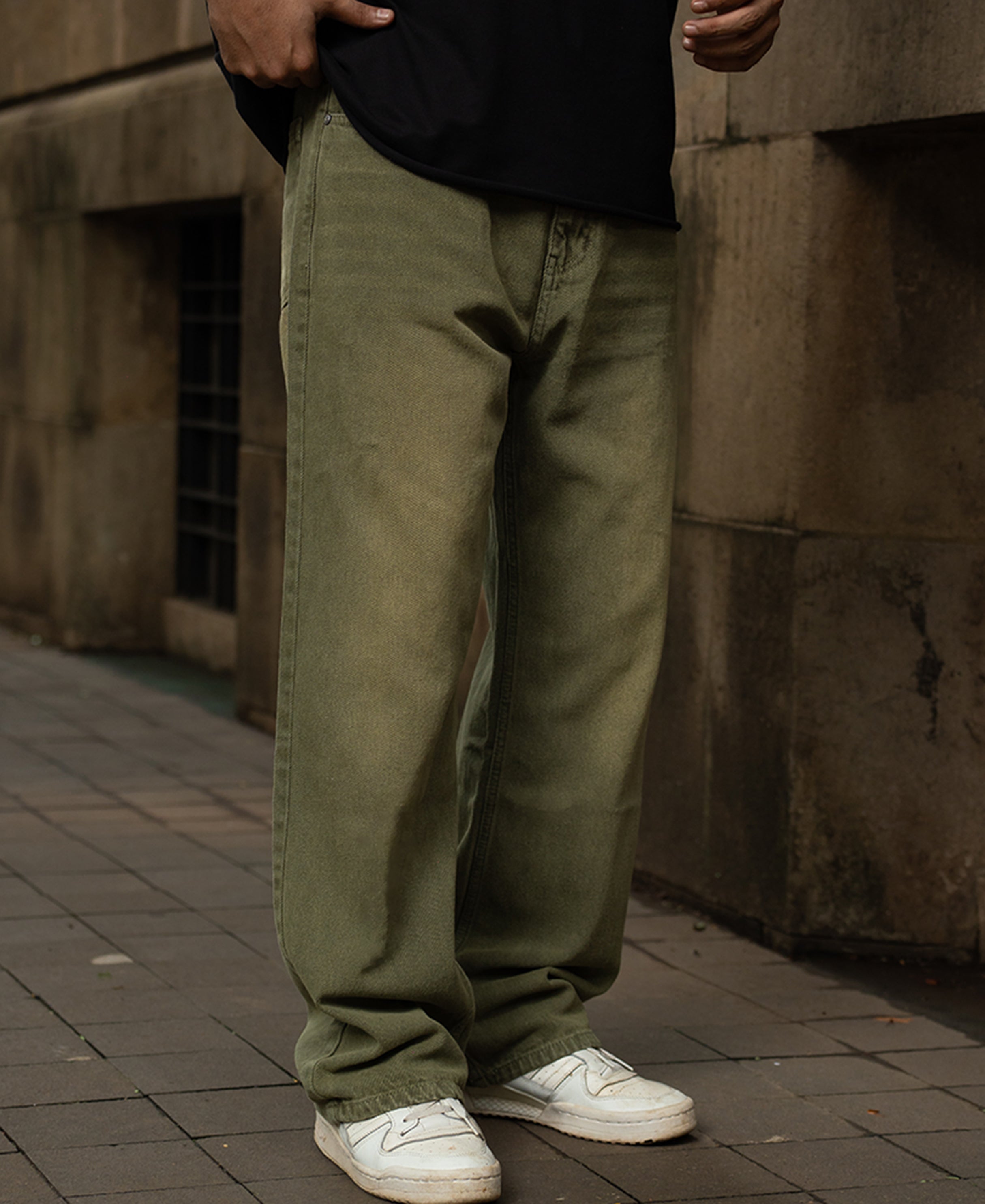 Olive Washed Baggy Jeans