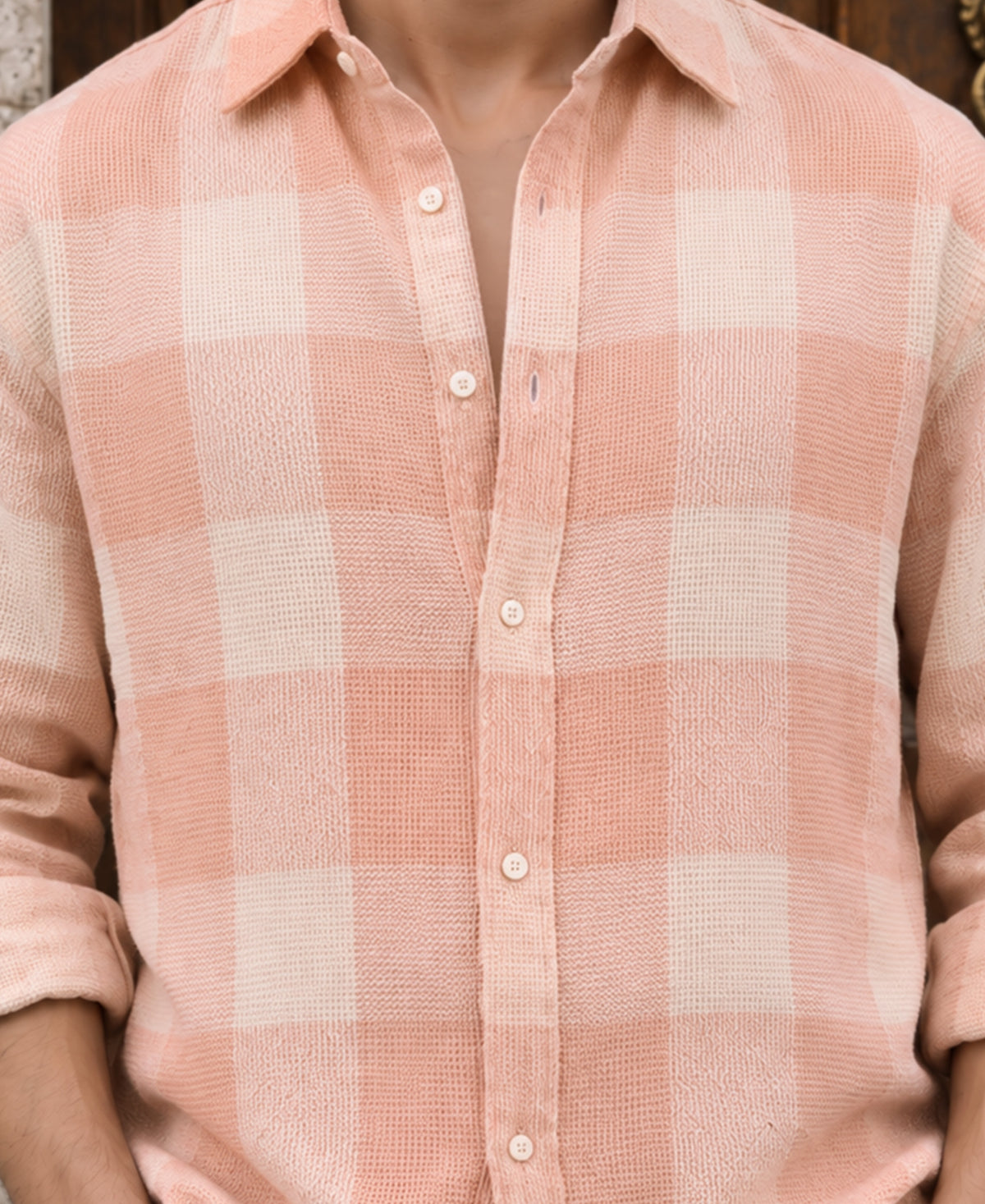 Light Peach Structured Checks Shirt