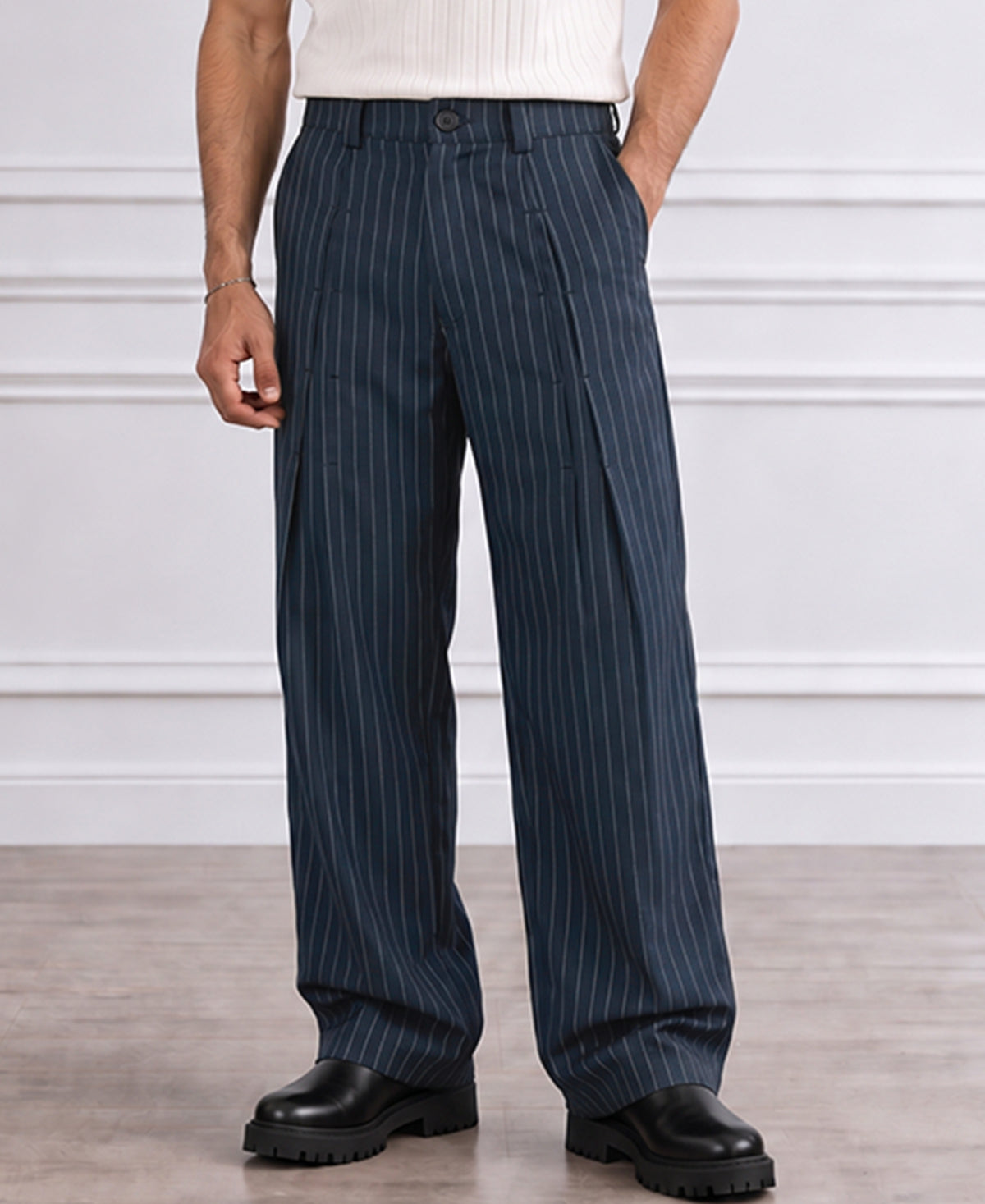 Navy Pleated Tailored Trousers