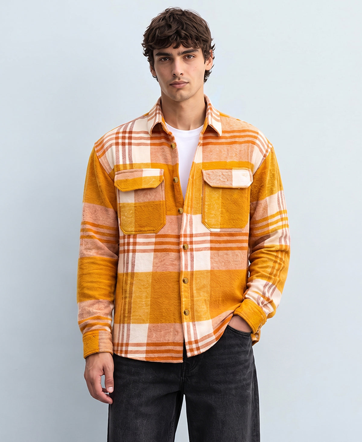 Mustard Pocket Checks Oversize Drop Shoulder Shirt