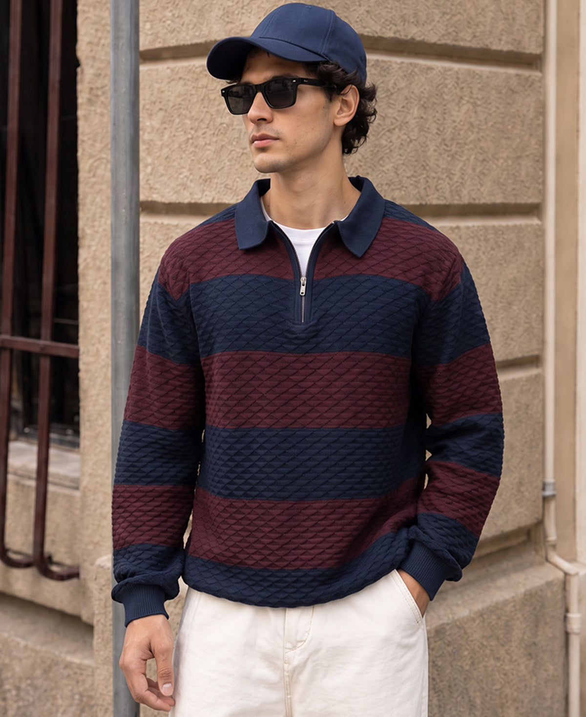 Wine & Navy Knitted Stripe T-Shirt 100% Cotton