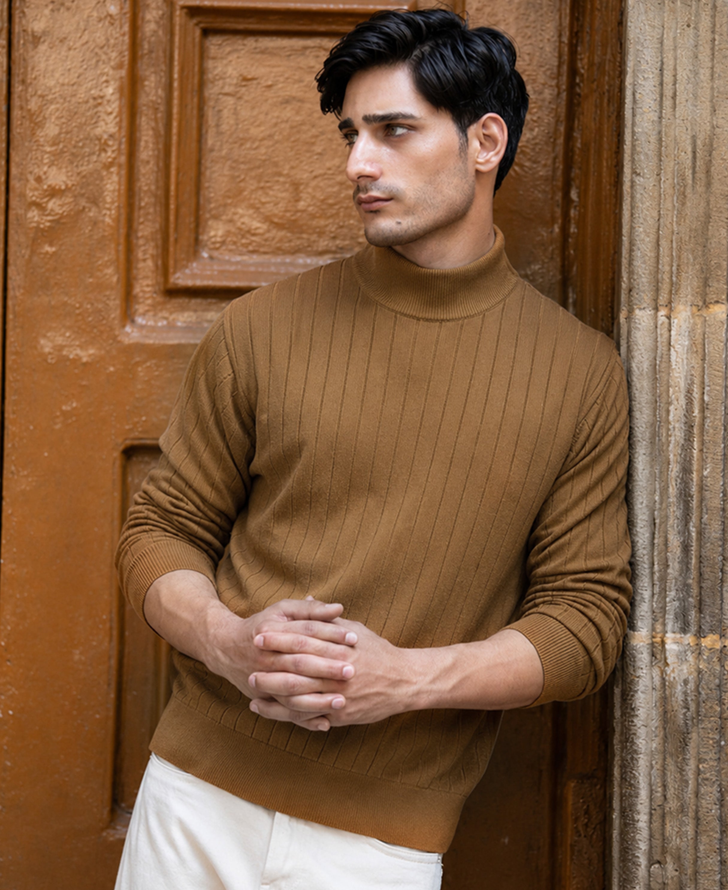 Tan High Neck Cotton Sweater 100% Cotton