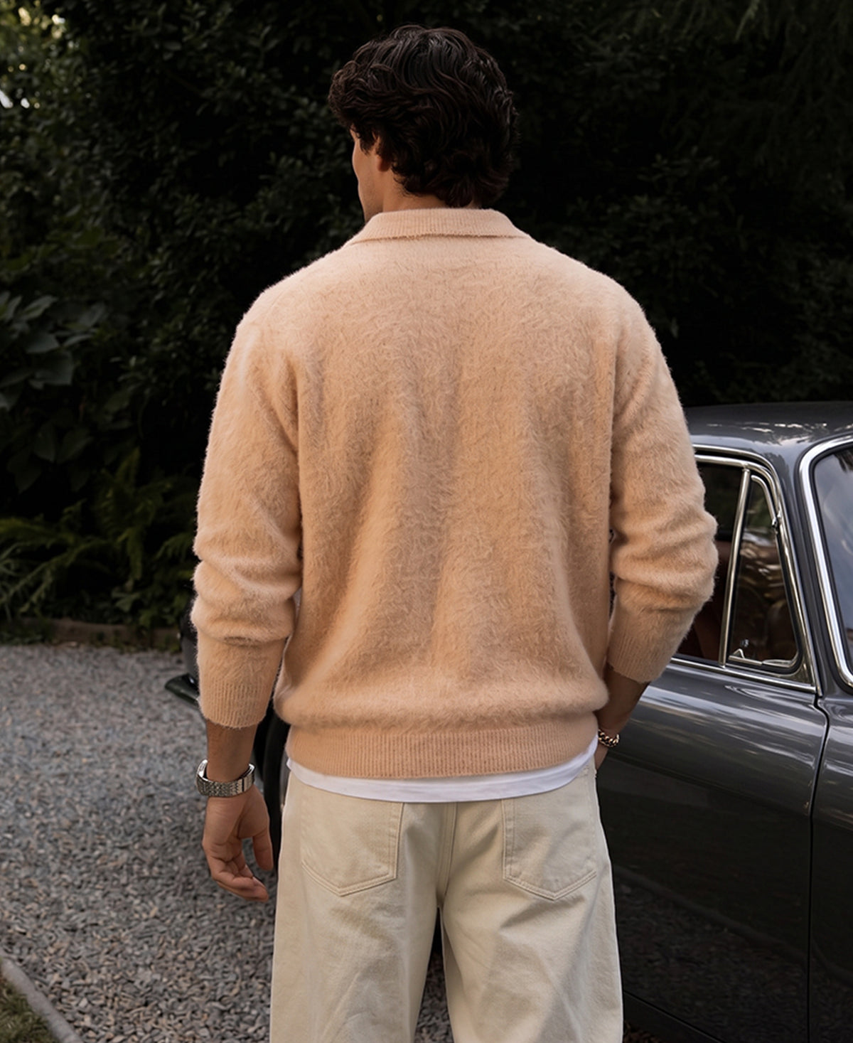 Beige Fuzzy Polo Neck Sweater