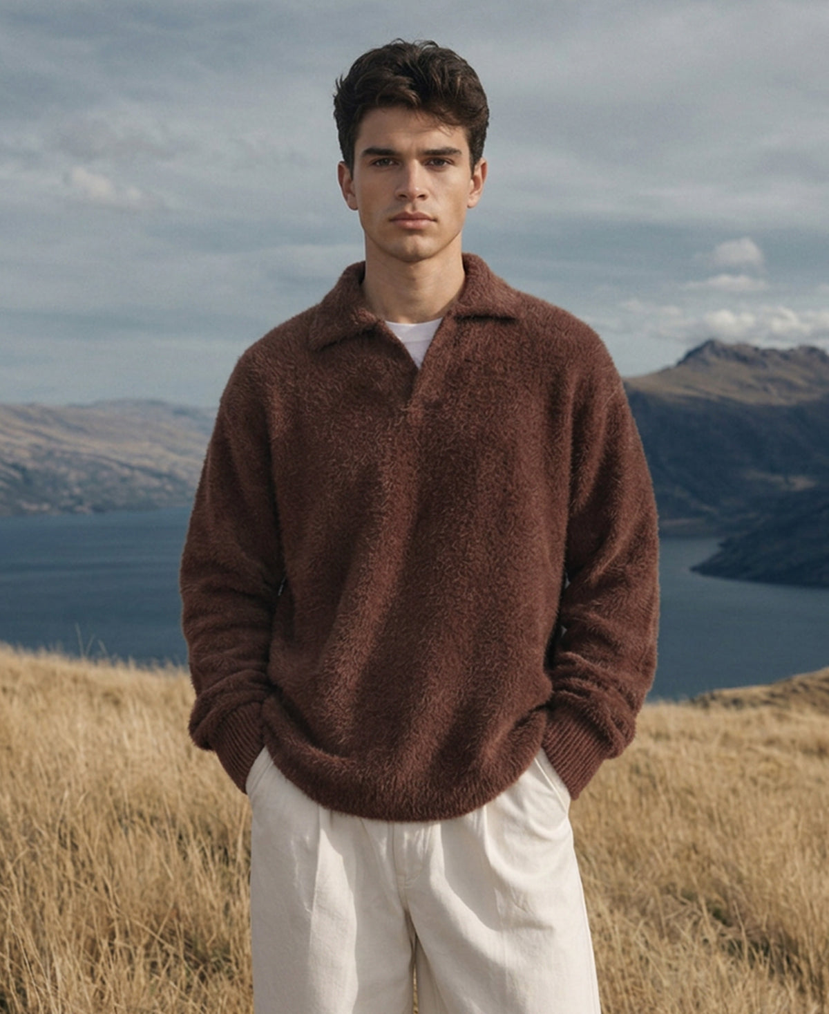 Brown Fuzzy Polo Neck Sweater