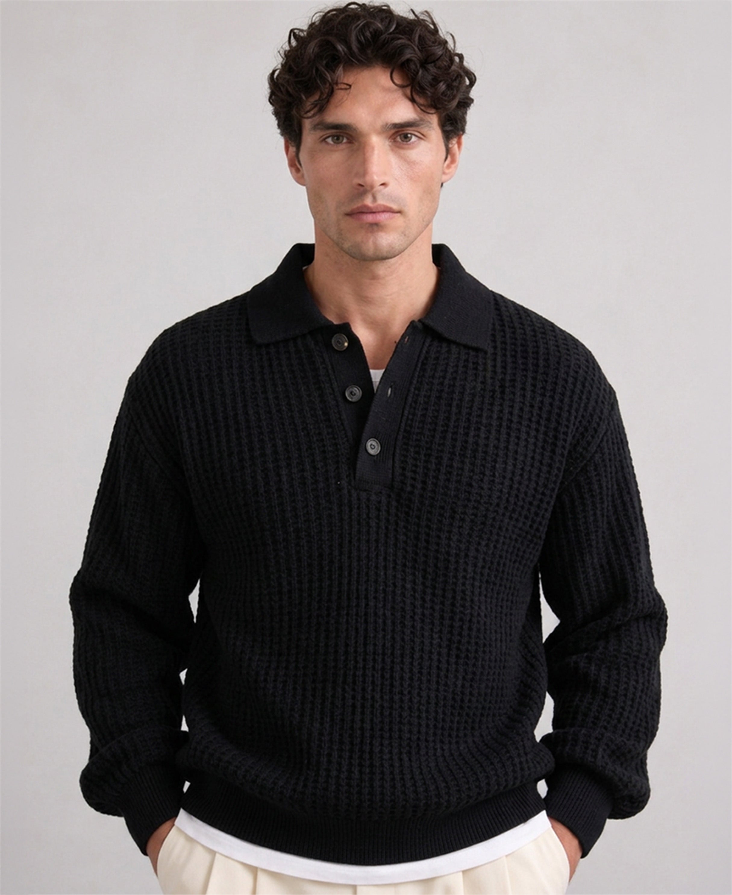 Black Structured Polo Neck Sweater