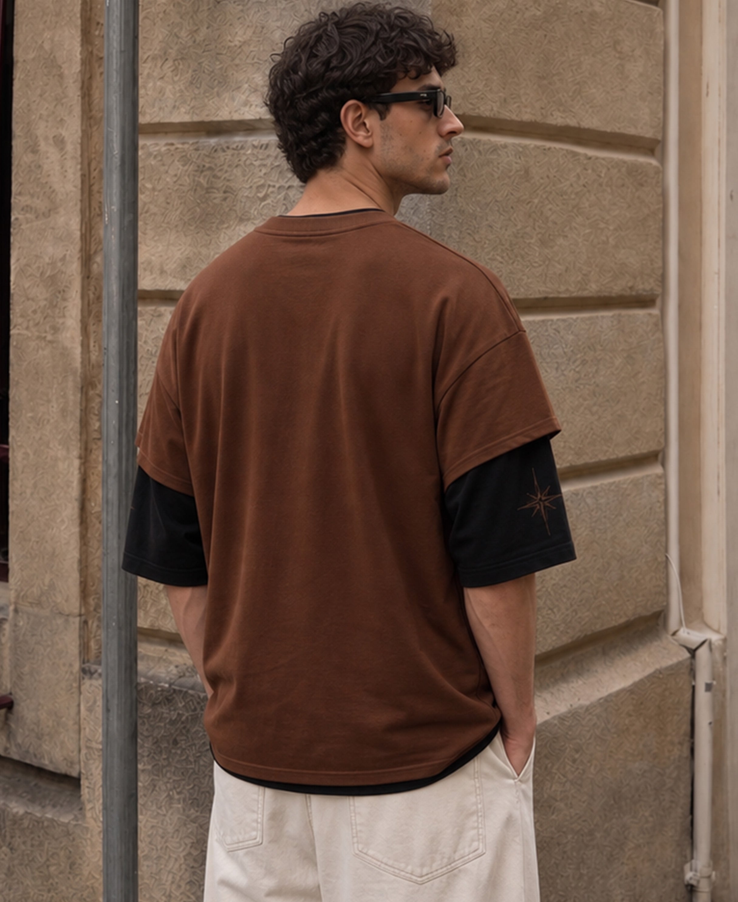 Brown Double Layered Printed T-Shirt 100% Cotton