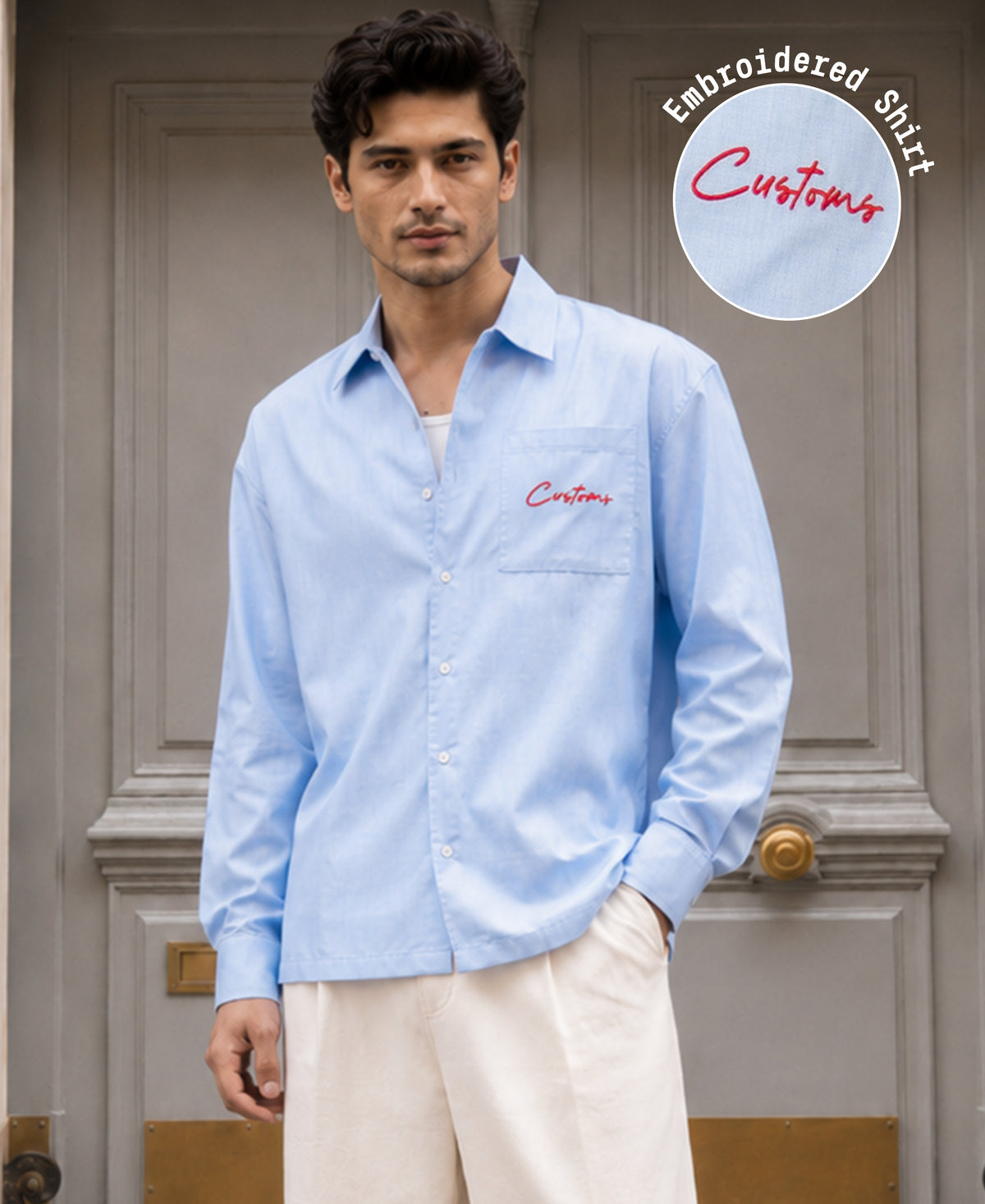 Blue Melange Embroidered Shirt 100% Cotton