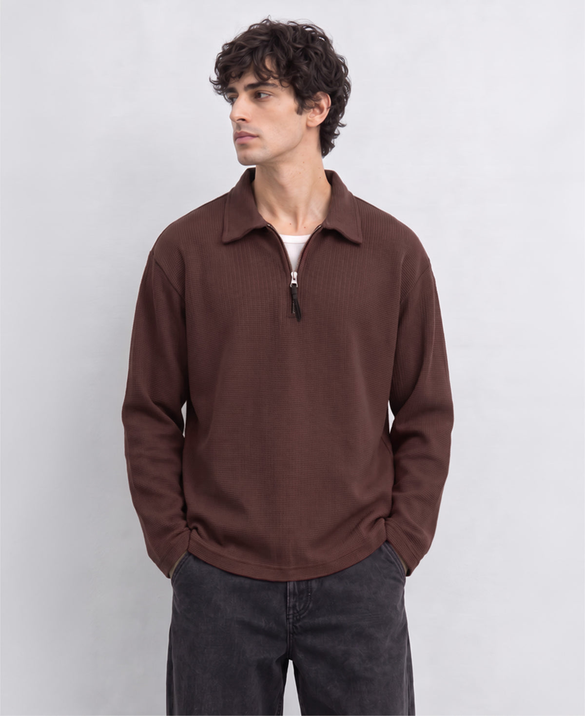 Coffee Brown Structured Zipper T-Shirt