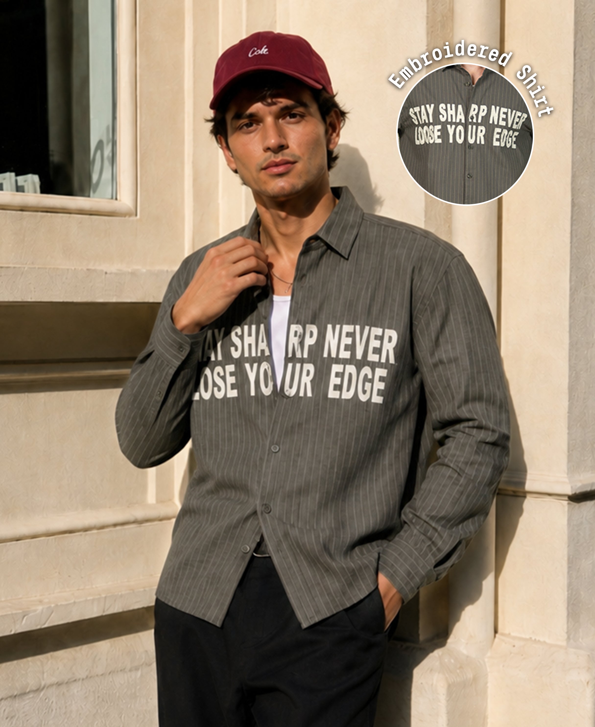 Grey Embroidered Stripe Shirt
