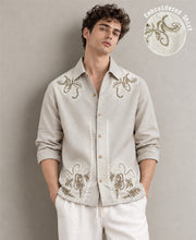 Beige Floral Embroidery Shirt 100% Cotton