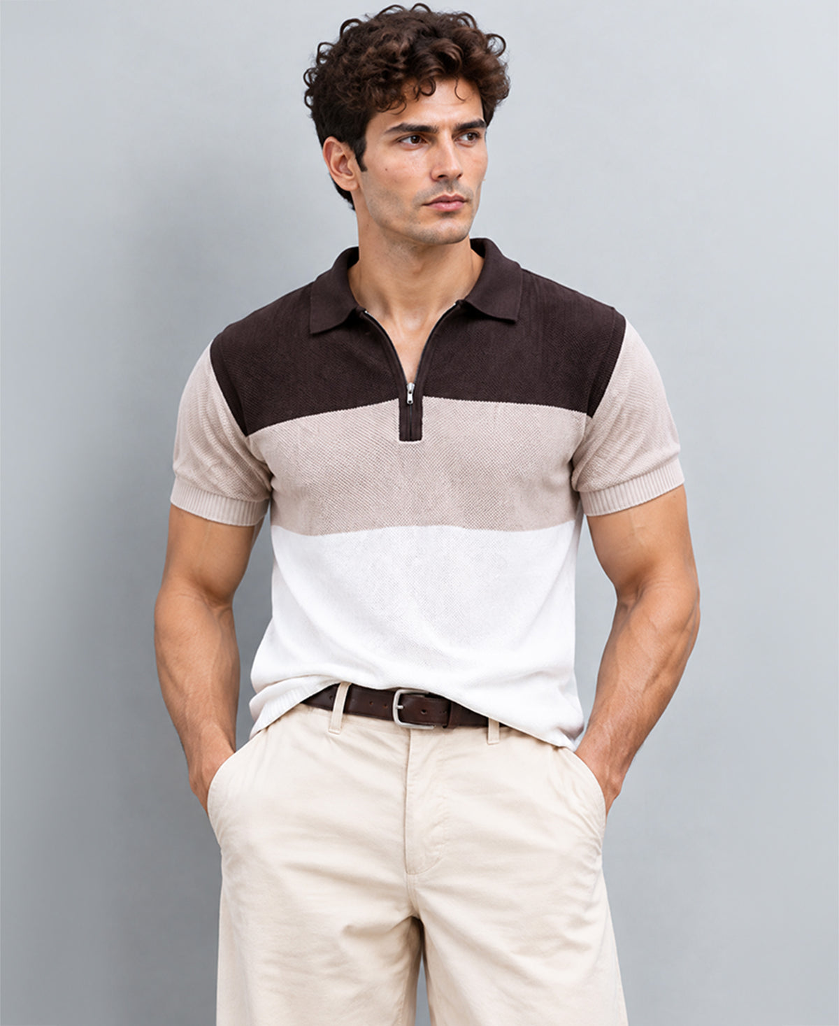 Beige & Brown Knit Stripe T-Shirt 100% Cotton
