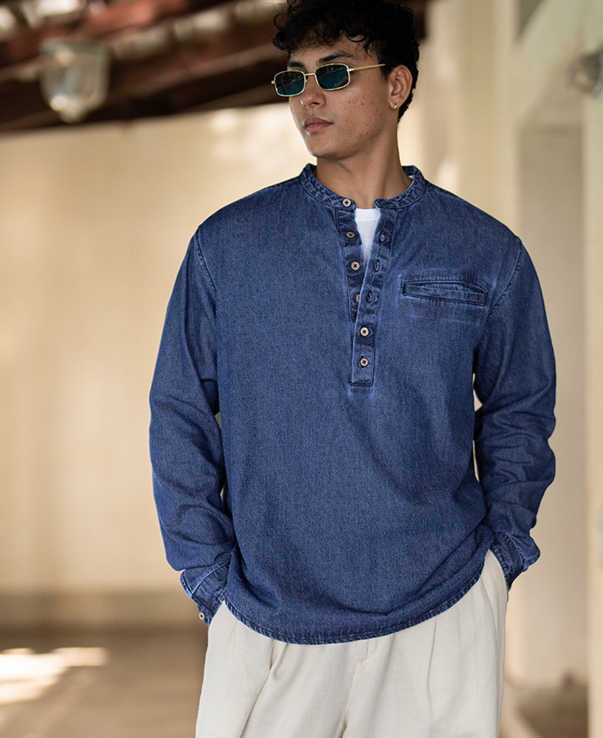 Blue Washed Denim Kurta Shirt
