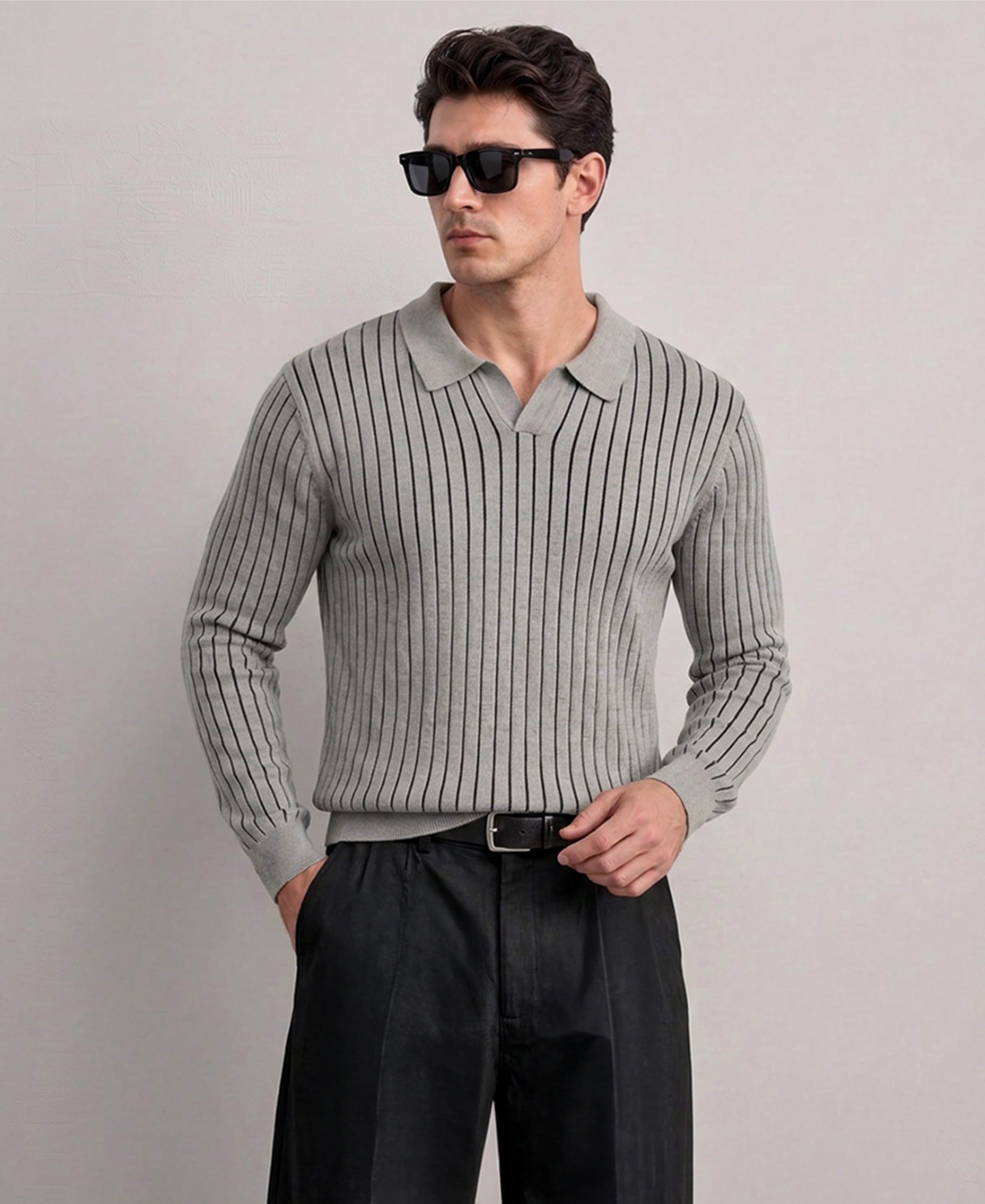Grey Striped Knit T-Shirt