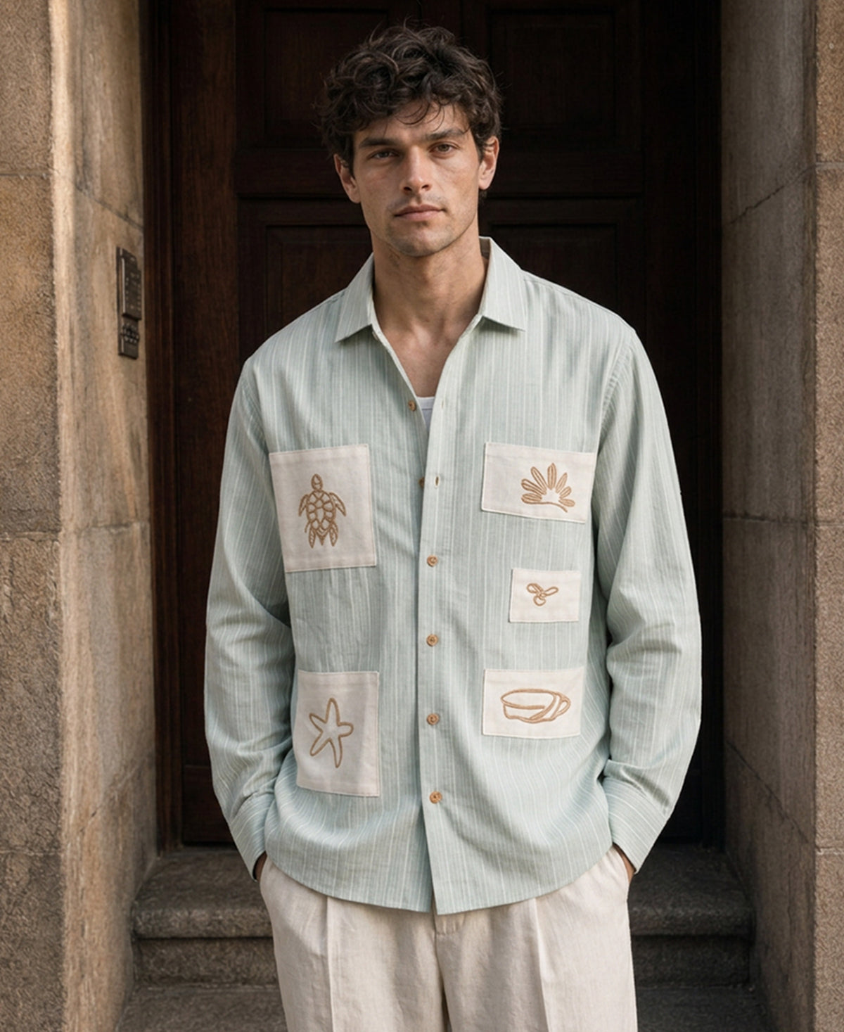 Sage Embroidered Stripe Shirt 100% Cotton