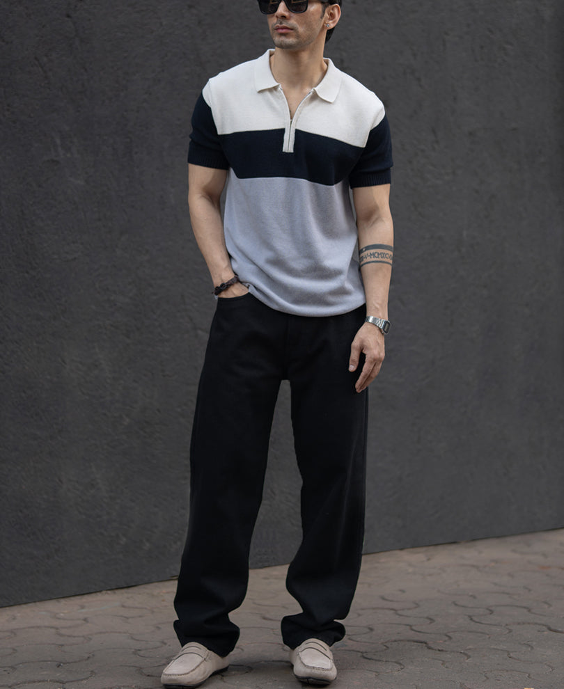 Grey & Navy Knit Stripe T-Shirt.