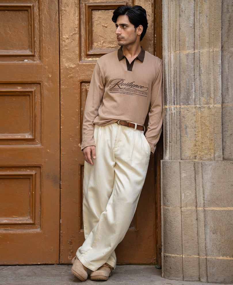 Dark Beige Contrast Embroidery T-Shirt