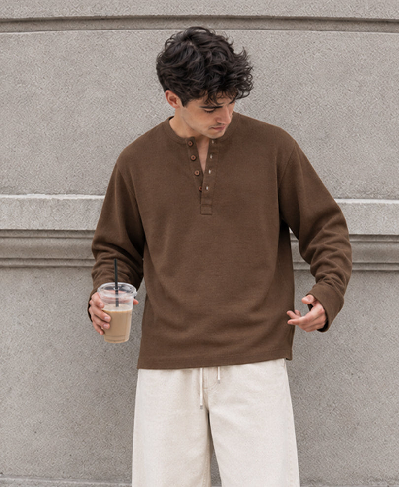 Brown Rib Knit Henley T-Shirt