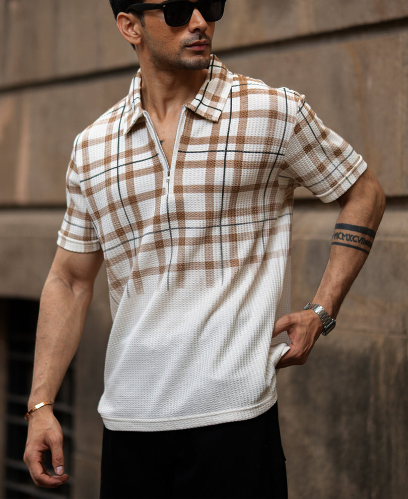 Beige Checks Print T-Shirt.