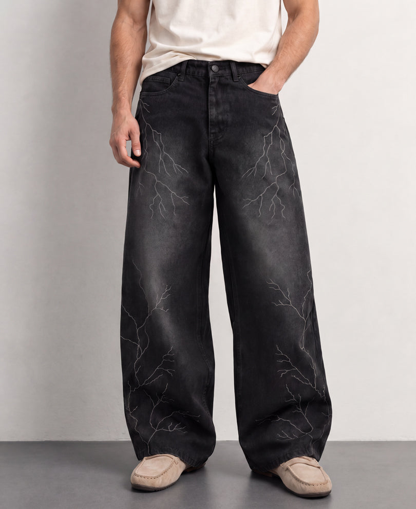 Black Thunder Print Baggy Jeans