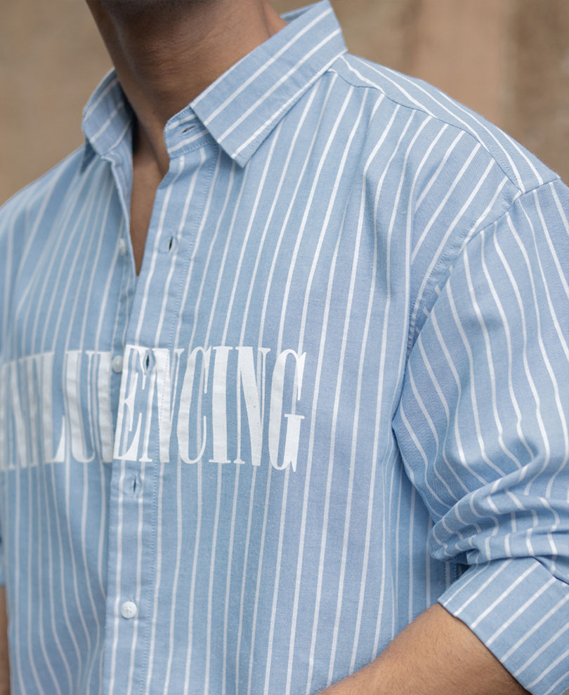 Blue Oversize Stripe Shirt With Print.