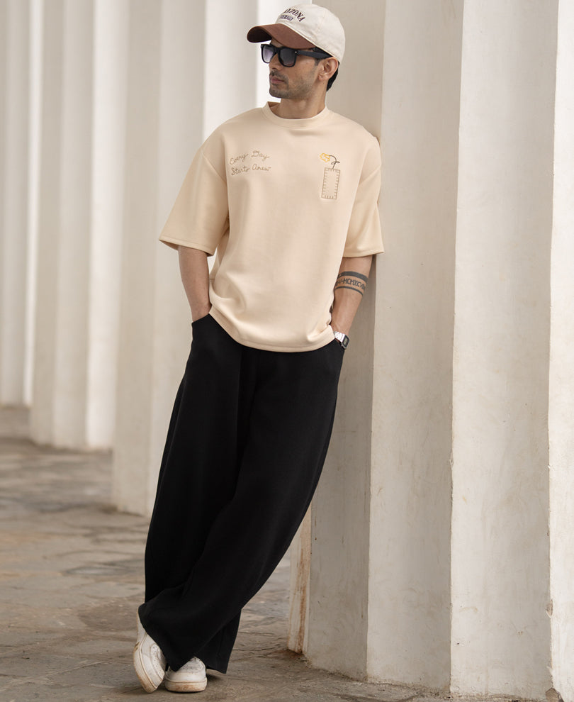Cream Sun Patch Embroidered T-Shirt