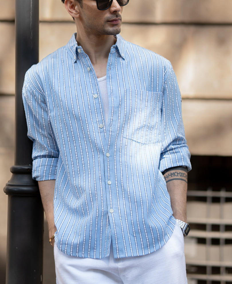 Blue Seersucker Stripe Shirt.